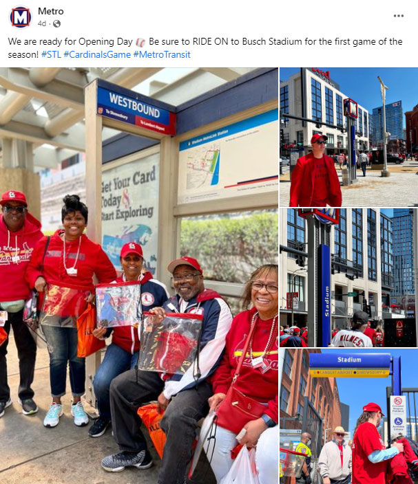 A mockup of a social media post with various candid photos of metro riders in Cardinal fan gear.