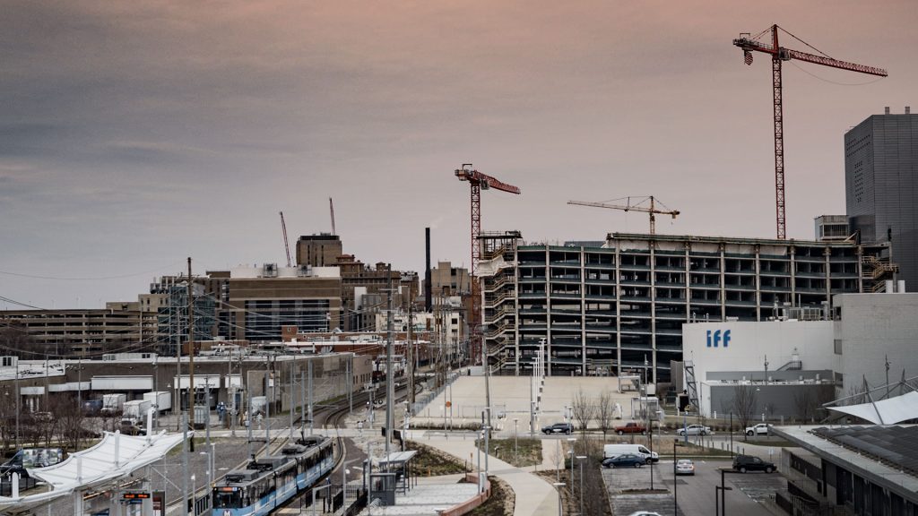 A photo of the Cortex area with a Metro station in the foreground and construction in the distance.