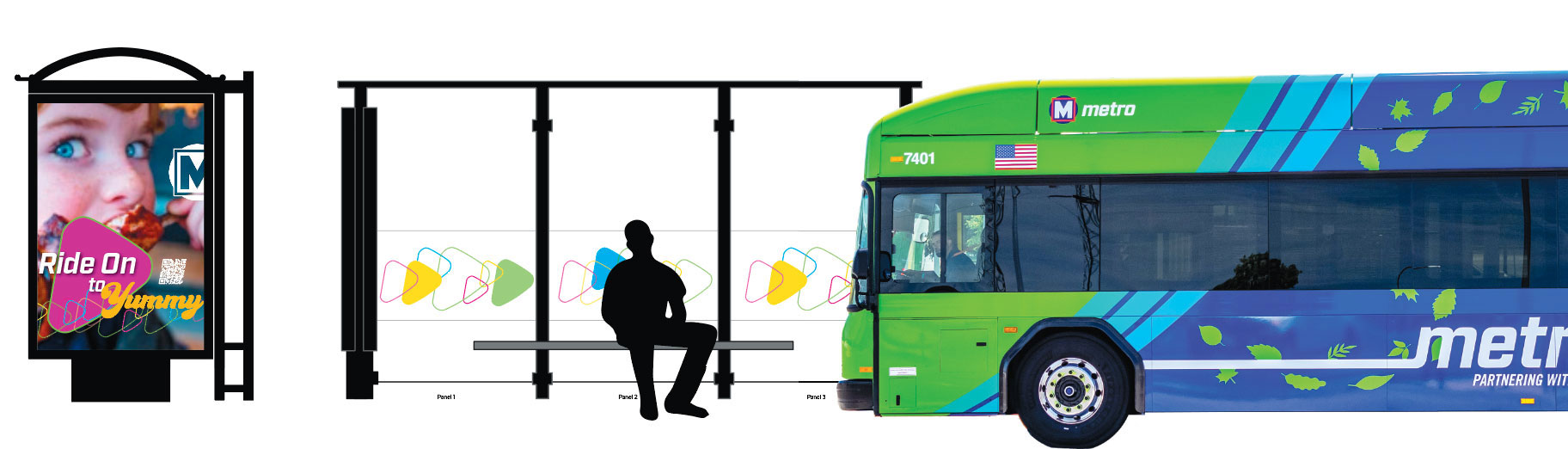 A rendering of a Metro advertisement on the side of a bus stop. A silhouette of a rider sits on the bench with a Metro bus to the side.