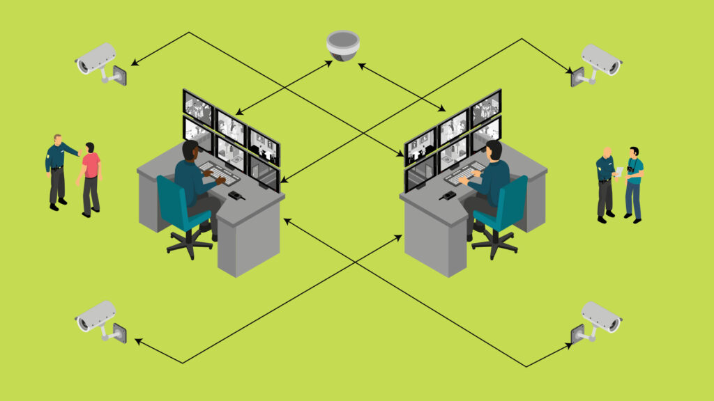 An illustration of security cameras connected to desk with people looking at monitors.