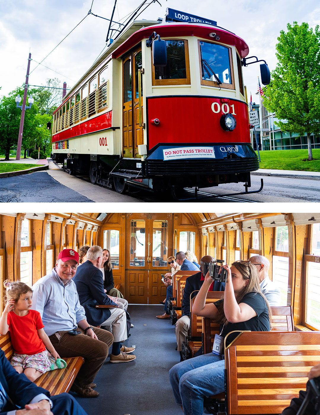 The Loop Trolley exterior next to an interior image of passengers enjoying the ride.