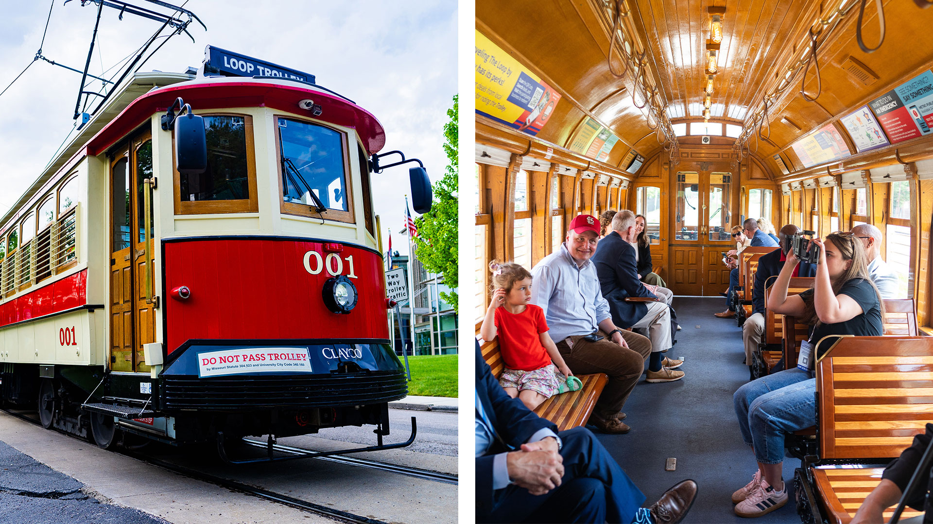The Loop Trolley exterior next to an interior image of passengers enjoying the ride.